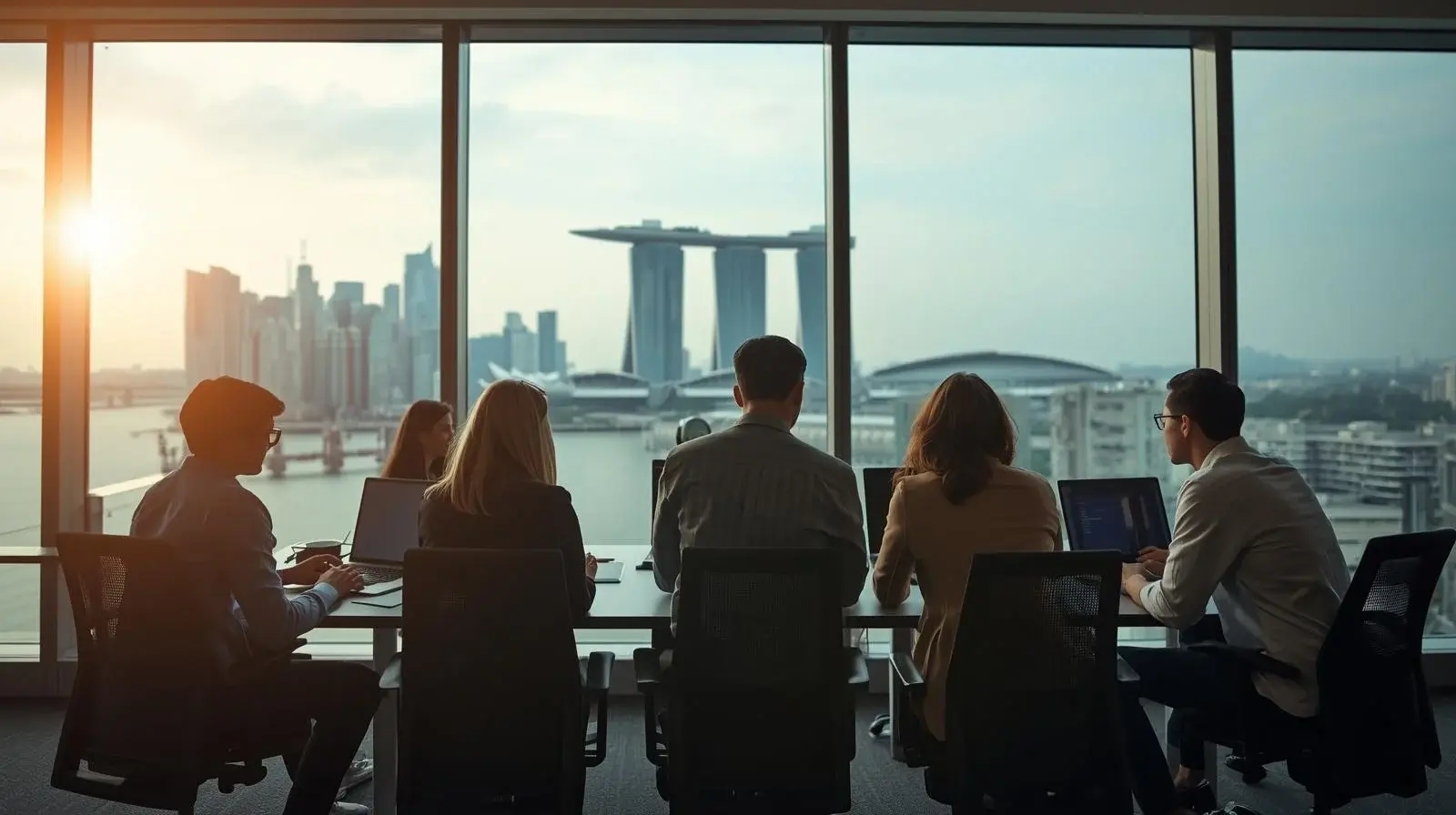 web development team designing a responsive business website on a laptop in a modern Singapore office